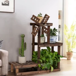 4-stufiges Pflanzenregal Rustikaler hölzerner Pflanzenständer 75 x 25 x 71 cm Braun
