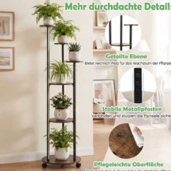 6-stufiges Pflanzenständer mit LED-Beleuchtung & Rollen Blumenständer Pflanzenregal Rustikal Braun
