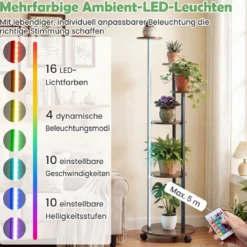 6-stufiges Pflanzenständer mit LED-Beleuchtung & Rollen Blumenständer Pflanzenregal Rustikal Braun