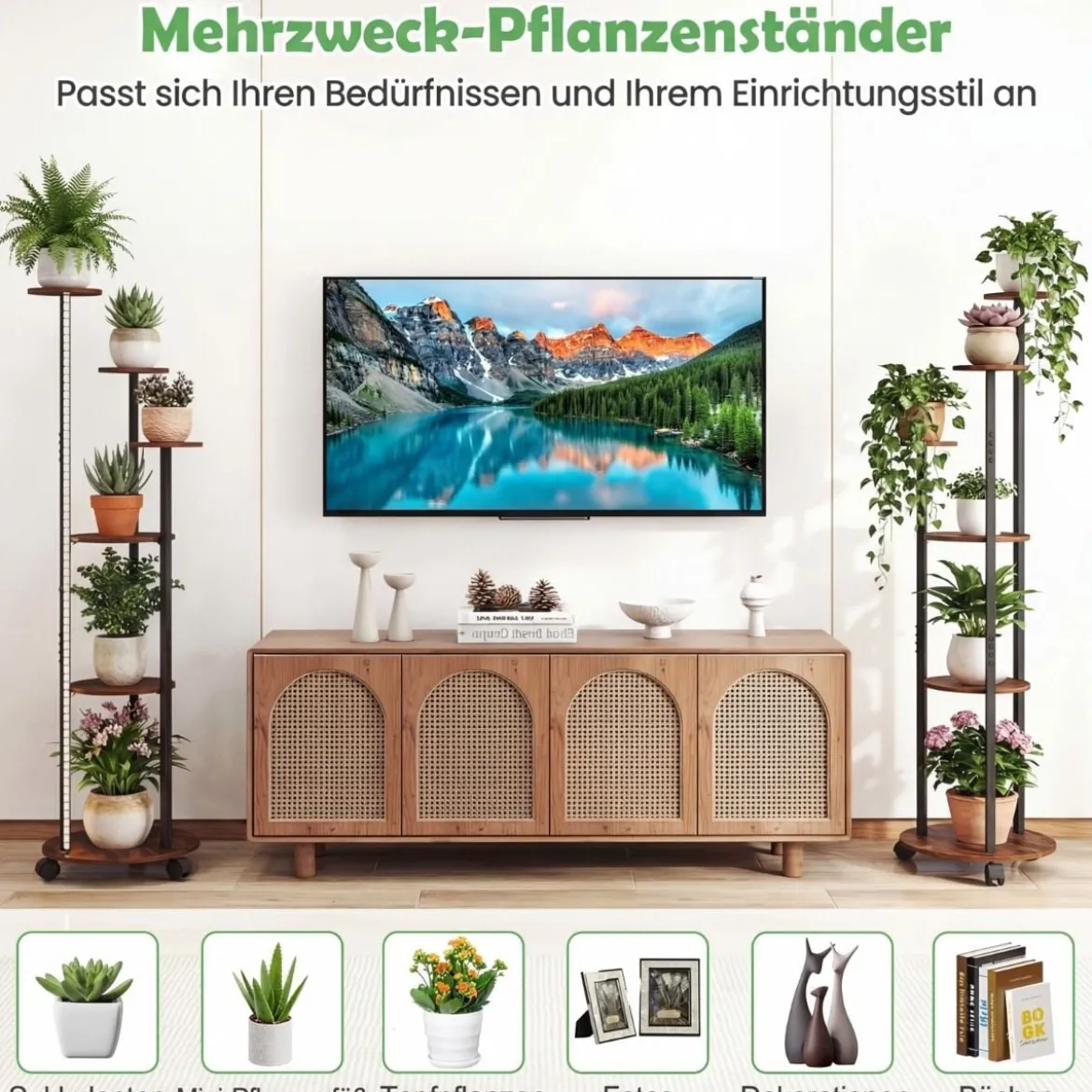 6-stufiges Pflanzenständer mit LED-Beleuchtung & Rollen Blumenständer Pflanzenregal Rustikal Braun