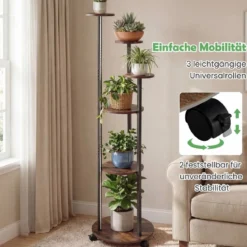 6-stufiges Pflanzenständer mit LED-Beleuchtung & Rollen Blumenständer Pflanzenregal Rustikal Braun