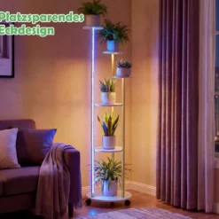 6-stufiges Pflanzenständer mit LED-Beleuchtung & Rollen Blumenständer Pflanzenregal Weiß + Gold