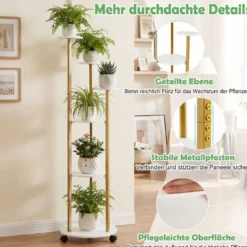 6-stufiges Pflanzenständer mit LED-Beleuchtung & Rollen Blumenständer Pflanzenregal Weiß + Gold