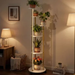 6-stufiges Pflanzenständer mit LED-Beleuchtung & Rollen Blumenständer Pflanzenregal Weiß + Gold