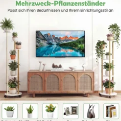 6-stufiges Pflanzenständer mit LED-Beleuchtung & Rollen Blumenständer Pflanzenregal Weiß + Gold