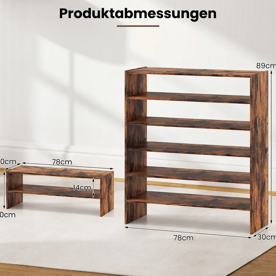 6-stufiges Schuhregal Stapelbarer Schuhorganizer Holzschuhregal mit Anti-Kipp-Vorrichtung