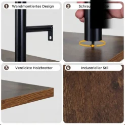 3-stufiges schwebendes Rohrregal Wandregal mit 4 S-förmigen Haken 80,5 x 24 x 97 cm ohne Beleuchtung