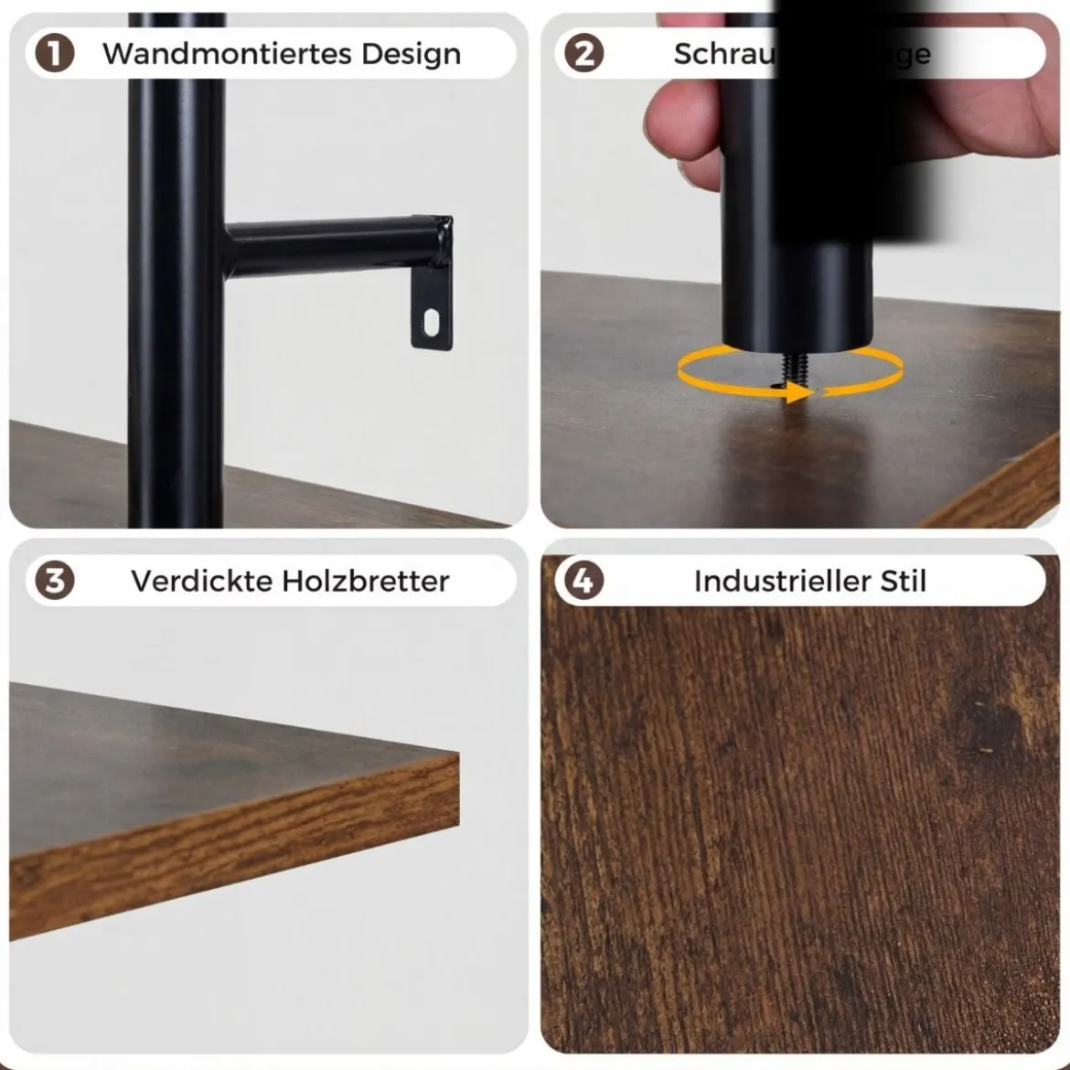 3-stufiges schwebendes Rohrregal Wandregal mit 4 S-förmigen Haken 80,5 x 24 x 97 cm ohne Beleuchtung
