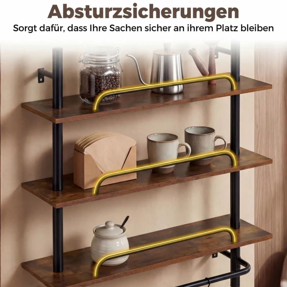 3-stufiges schwebendes Rohrregal Wandregal mit 4 S-förmigen Haken 80,5 x 24 x 97 cm ohne Beleuchtung