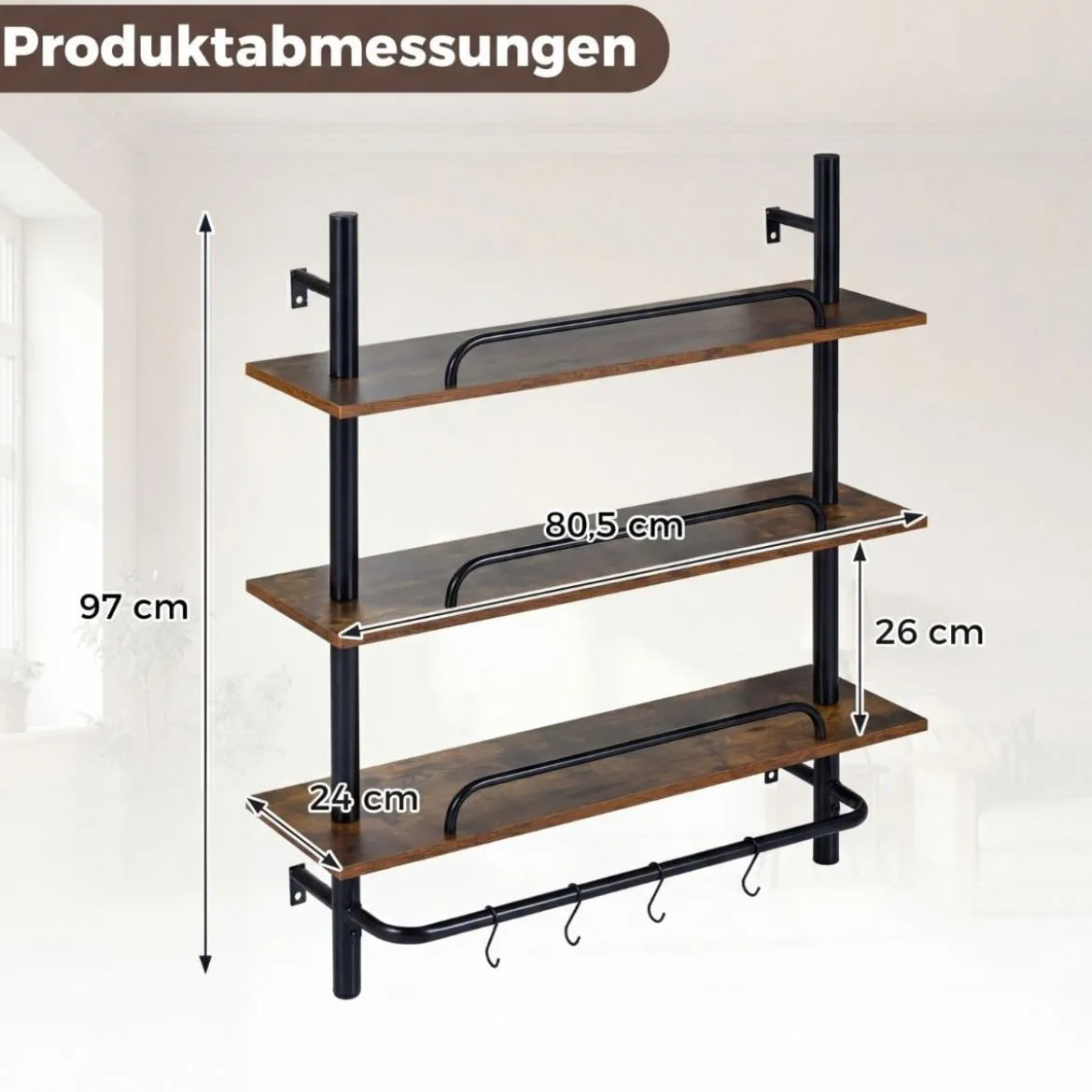 3-stufiges schwebendes Rohrregal Wandregal mit 4 S-förmigen Haken 80,5 x 24 x 97 cm ohne Beleuchtung