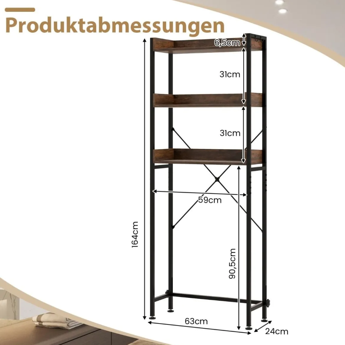 3-stufiges Toilettenregal mit 4 Haken & Verstellbaren Füßen Platzsparendes Badregal Braun