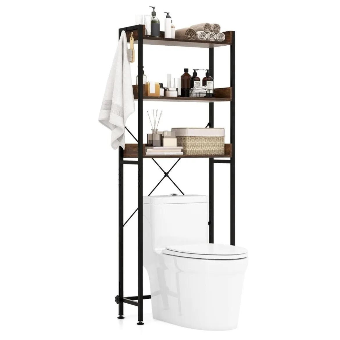 3-stufiges Toilettenregal mit 4 Haken & Verstellbaren Füßen Platzsparendes Badregal Braun