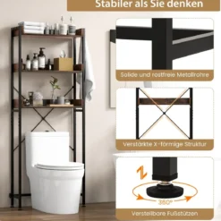 3-stufiges Toilettenregal mit 4 Haken & Verstellbaren Füßen Platzsparendes Badregal Braun