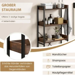 3-stufiges Toilettenregal mit 4 Haken & Verstellbaren Füßen Platzsparendes Badregal Braun