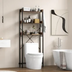 3-stufiges Toilettenregal mit 4 Haken & Verstellbaren Füßen Platzsparendes Badregal Braun