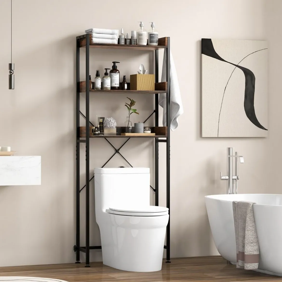3-stufiges Toilettenregal mit 4 Haken & Verstellbaren Füßen Platzsparendes Badregal Braun