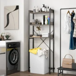 3-stufiges Toilettenregal mit 4 Haken & Verstellbaren Füßen Platzsparendes Badregal Grau