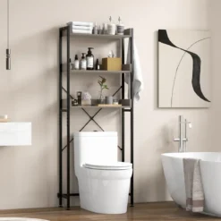 3-stufiges Toilettenregal mit 4 Haken & Verstellbaren Füßen Platzsparendes Badregal Grau