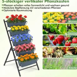 5-Stufiges Vertikale Hochbeet Pflanzenbeet mit 5 Herausnehmbaren Blumenkästen Schwarz/Rot