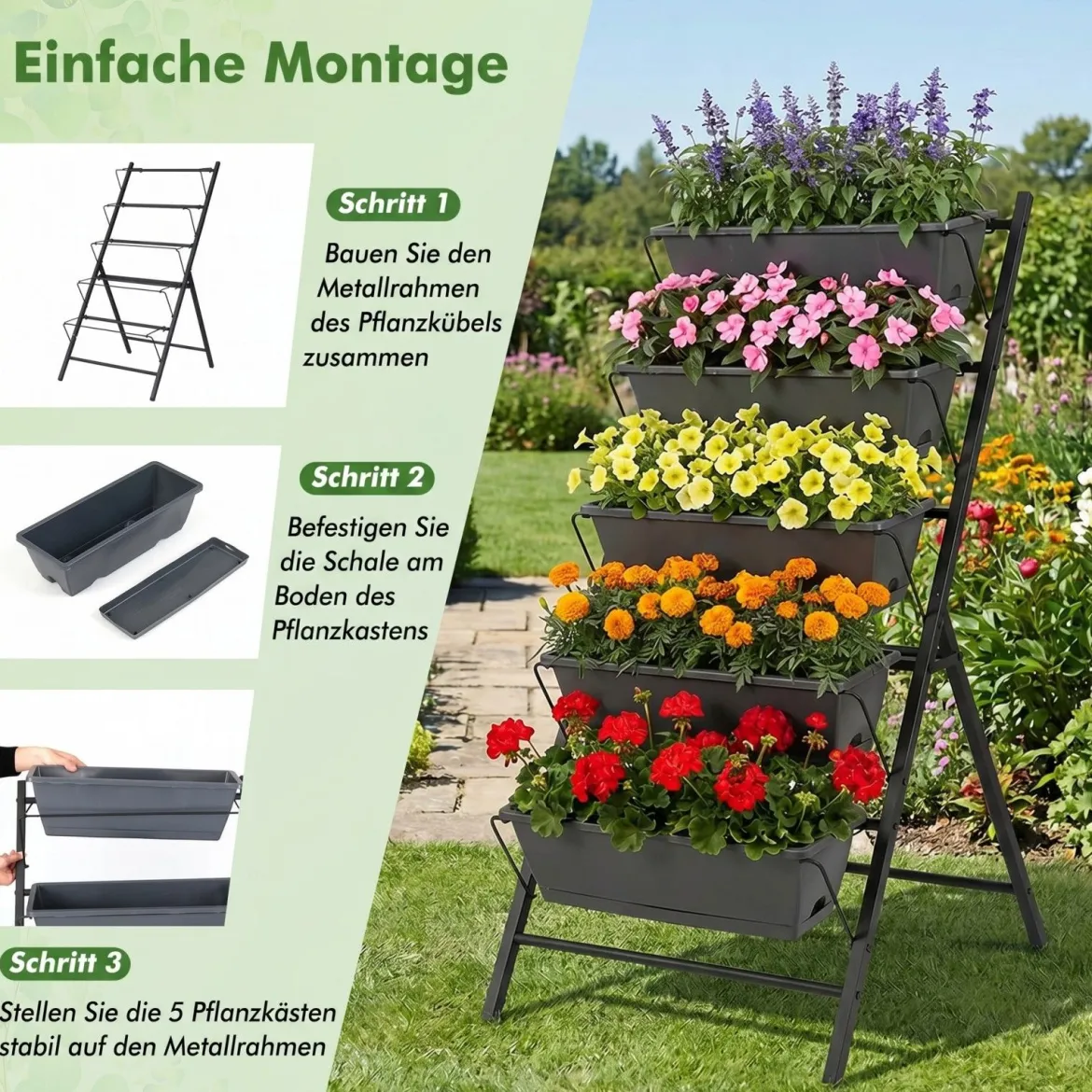 5-Stufiges Vertikale Hochbeet Pflanzenbeet mit 5 Herausnehmbaren Blumenkästen Schwarz/Rot