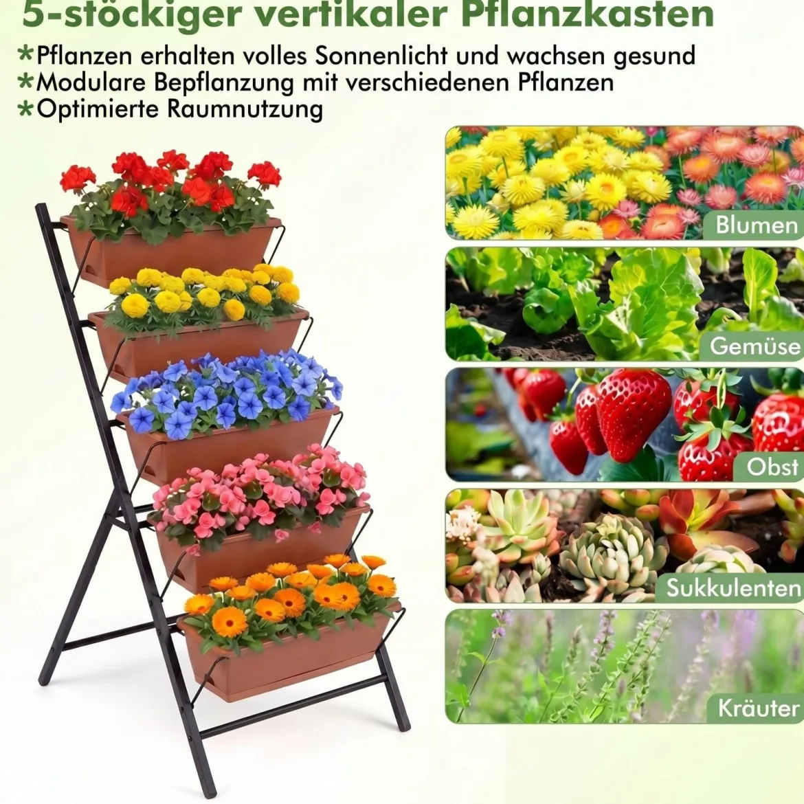 5-Stufiges Vertikale Hochbeet Pflanzenbeet mit 5 Herausnehmbaren Blumenkästen Schwarz/Rot