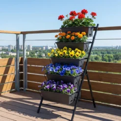 5-Stufiges Vertikale Hochbeet Pflanzenbeet mit 5 Herausnehmbaren Blumenkästen Schwarz/Rot