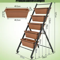 5-stufiges Vertikales Hochbeet mit Rädern & Entwässerungslöchern & Behälterkästen Braun