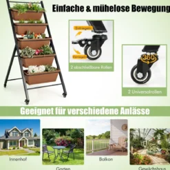5-stufiges Vertikales Hochbeet mit Rädern & Entwässerungslöchern & Behälterkästen Braun