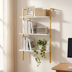 3-stufiges Wandregal mit Metallrahmen Hängeregal Wandmontiertes Bücherregal Weiß