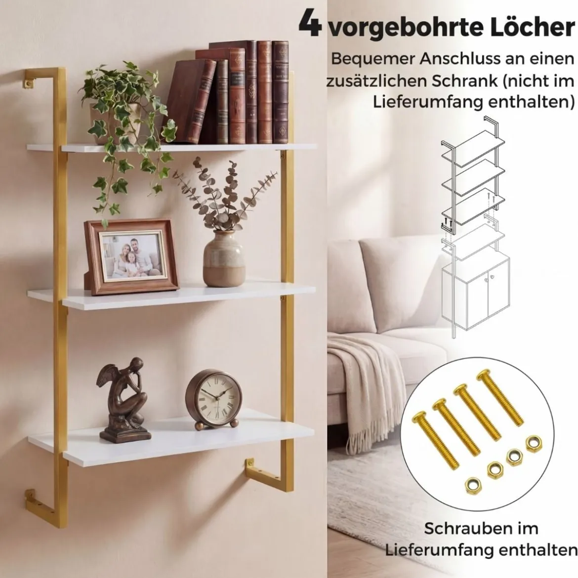 3 Stufiges Wandregal mit Metallrahmen Schwebendes Küchenregal Lagerregal Weiß
