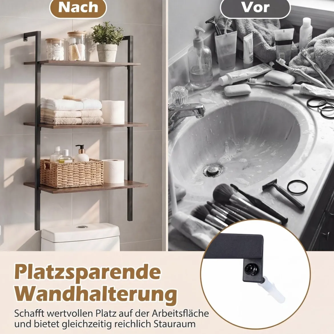3-stufiges Wandregal mit Metallrahmen Hängeregal Wandmontiertes Bücherregal Braun