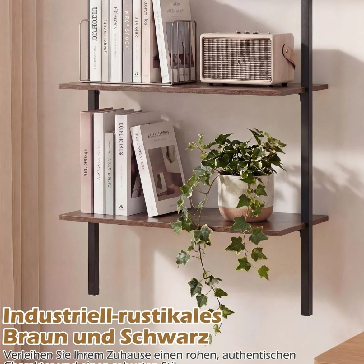 3-stufiges Wandregal mit Metallrahmen Hängeregal Wandmontiertes Bücherregal Braun
