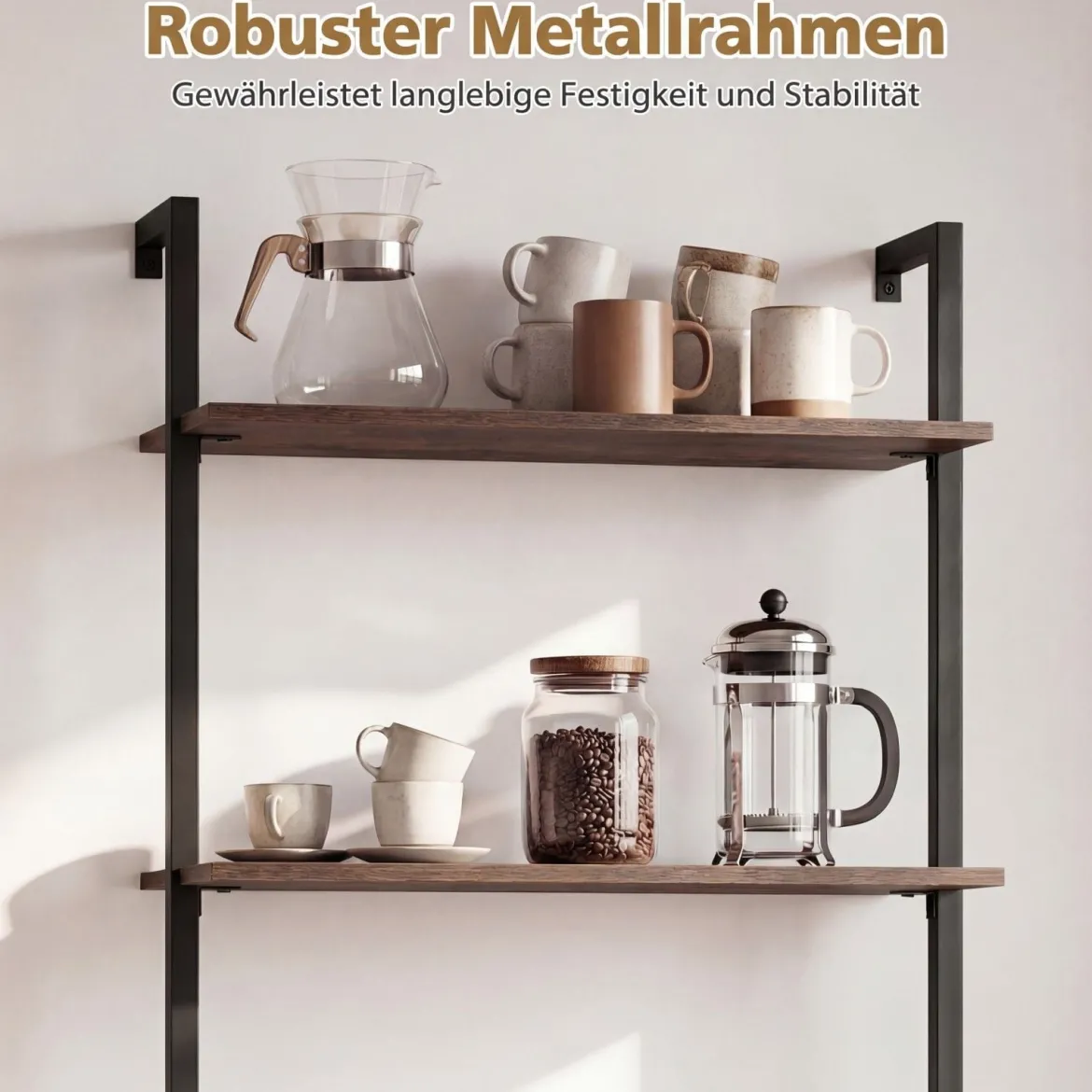 3-stufiges Wandregal mit Metallrahmen Hängeregal Wandmontiertes Bücherregal Braun