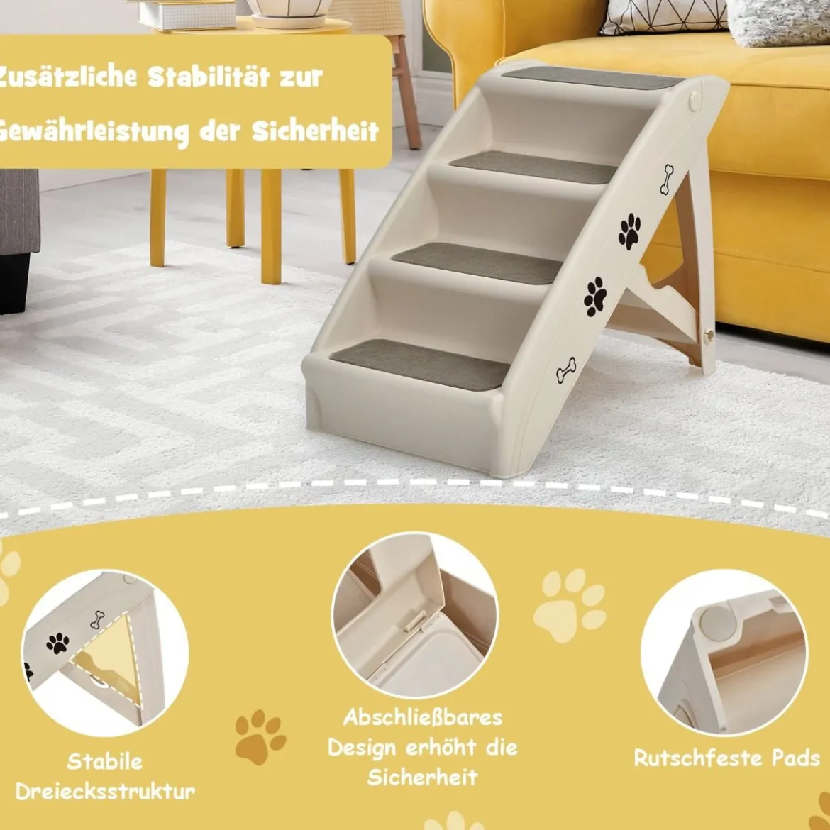 4-stufige Zusammenklappbare Haustierleiter aus Kunststoff Kletterleiter 62,5 x 38 x 49 cm Beige