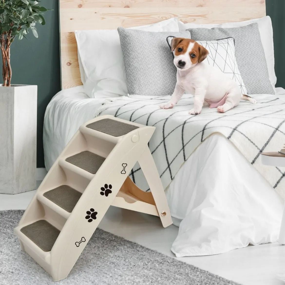 4-stufige Zusammenklappbare Haustierleiter aus Kunststoff Kletterleiter 62,5 x 38 x 49 cm Beige
