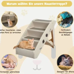 4-stufige Zusammenklappbare Haustierleiter aus Kunststoff Kletterleiter 62,5 x 38 x 49 cm Beige