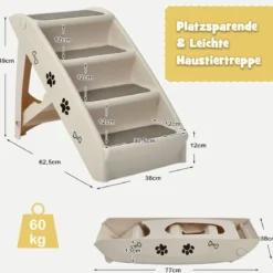 4-stufige Zusammenklappbare Haustierleiter aus Kunststoff Kletterleiter 62,5 x 38 x 49 cm Beige