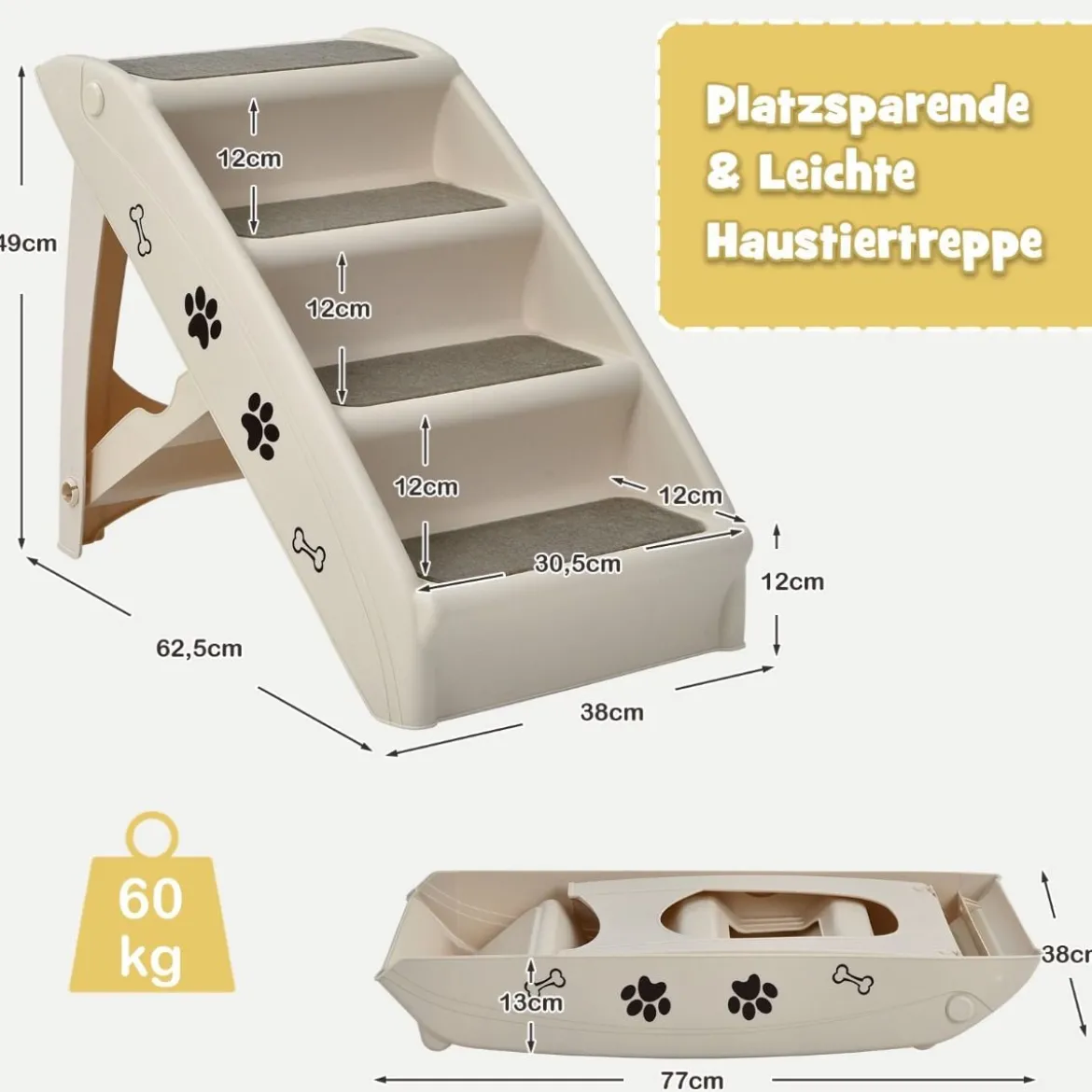 4-stufige Zusammenklappbare Haustierleiter aus Kunststoff Kletterleiter 62,5 x 38 x 49 cm Beige