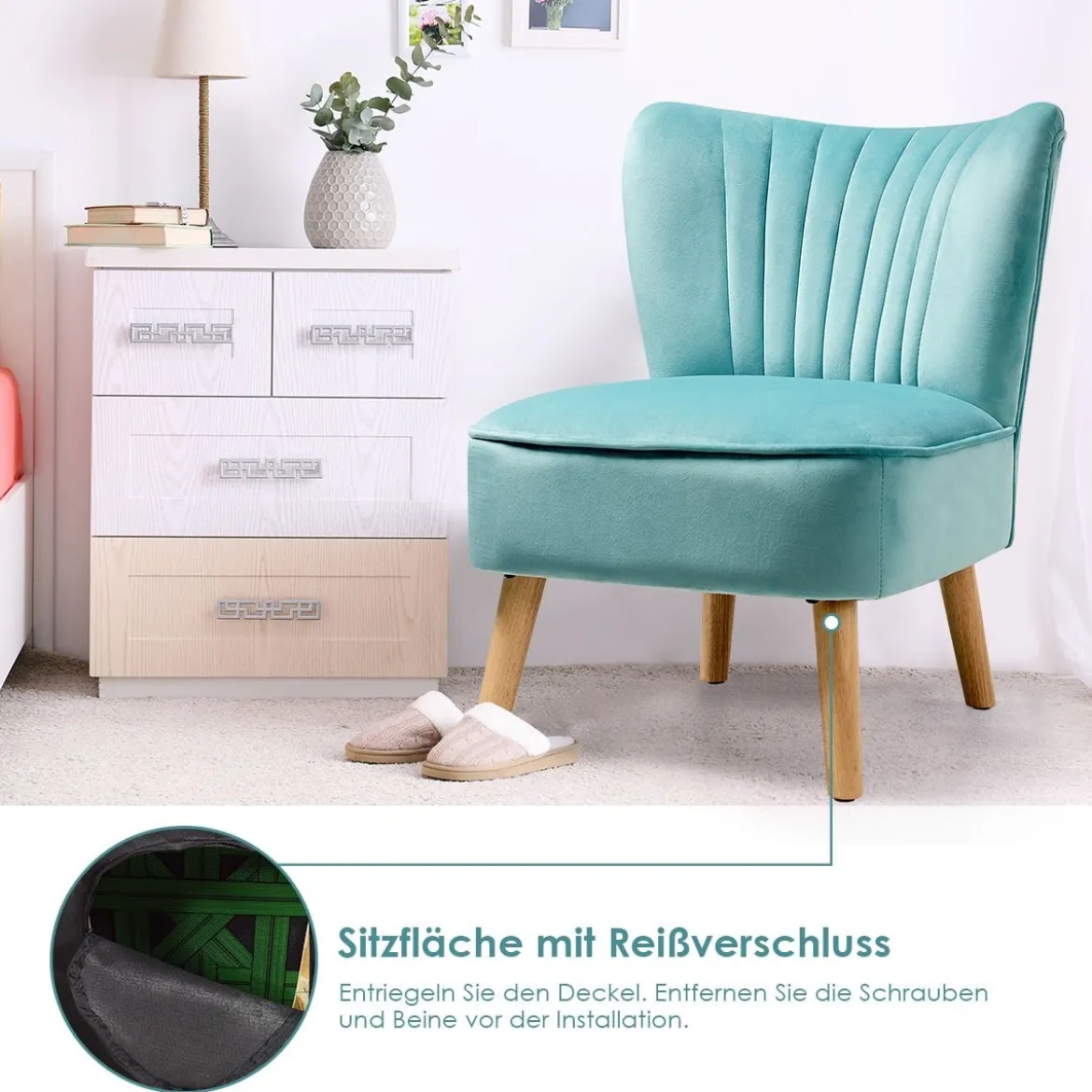 Stuhl mit Massivholzbeinen luxuriöser Samtstoff 55 x 70 x 77,5 cm Grün