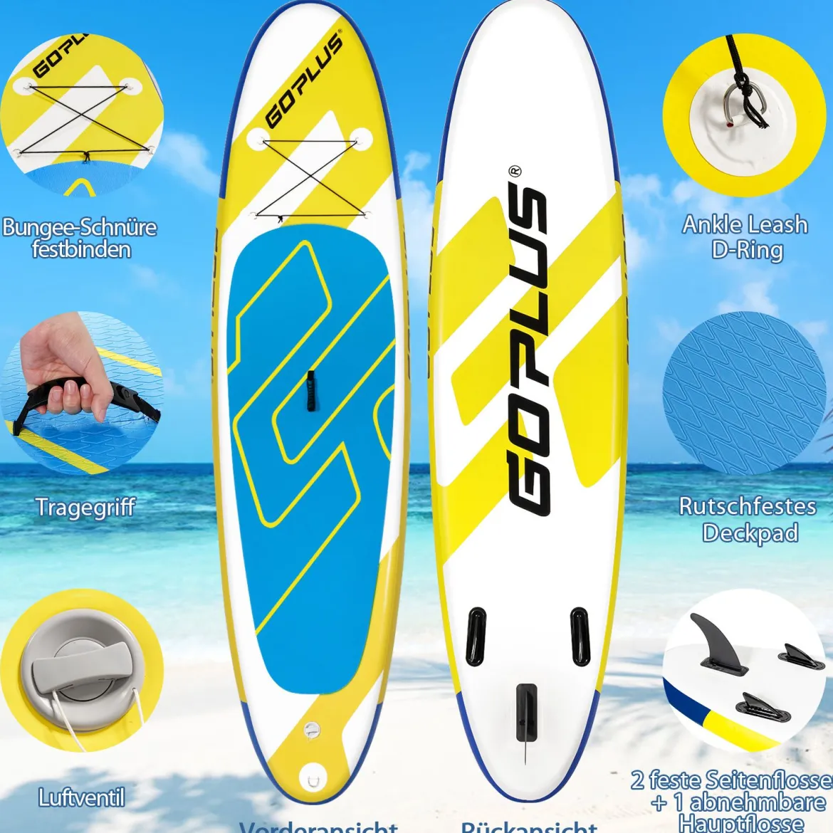SUP Board Aufblasbares Stand Up Paddle Board mit breite Fläche 305 x 76 x 15 cm Blau + Gelb + Weiß
