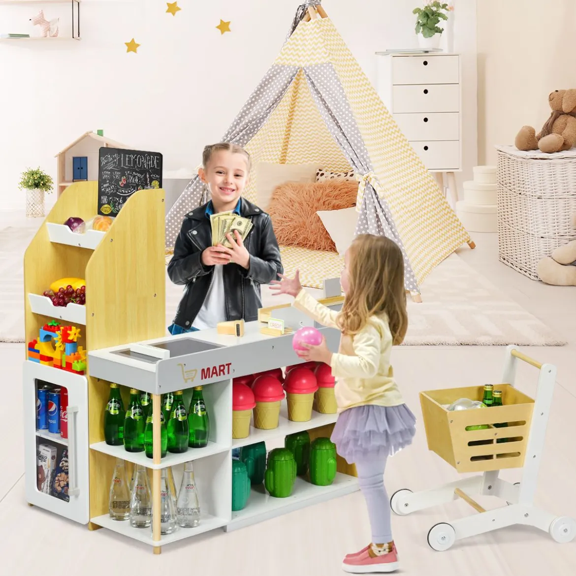 Supermarkt-Spielset mit Einkaufswagen Kinderkassierenspielzeug Rollenspiel supermarkt für kinder