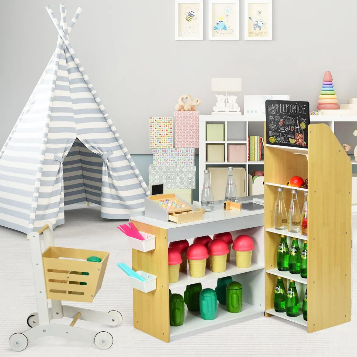 Supermarkt-Spielset mit Einkaufswagen Kinderkassierenspielzeug Rollenspiel supermarkt für kinder
