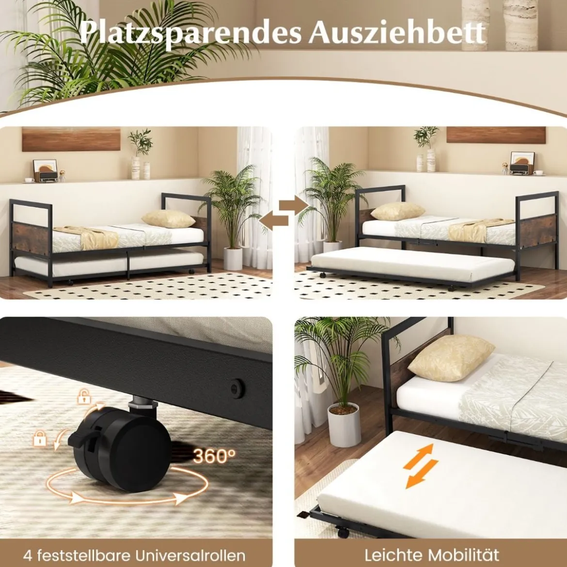 Tagesbett ausziehbar Ausziehbett 90 x 200 cm Gästebett mit Lattenrost Bettgestell für Schlafzimmer bis 220 kg belastbar