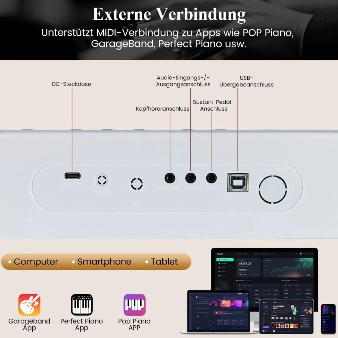88 Tasten Digitales Klavier tragbares Vollformat Elektrisches Keyboard Schwarz/Hellbraun/Weiß
