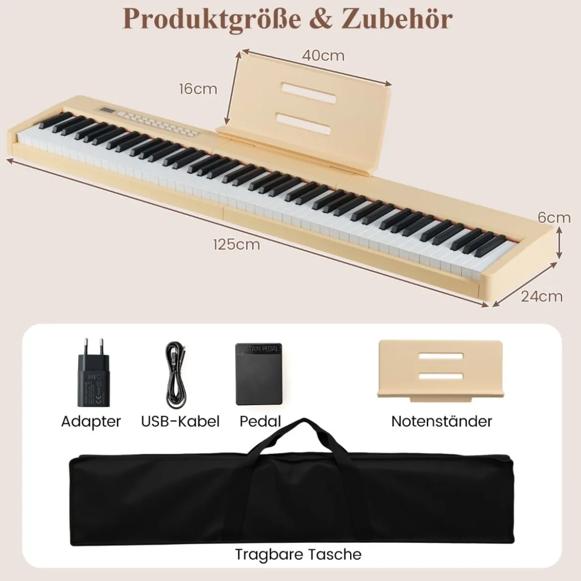 88 Tasten Digitales Klavier tragbares Vollformat Elektrisches Keyboard Schwarz/Hellbraun/Weiß