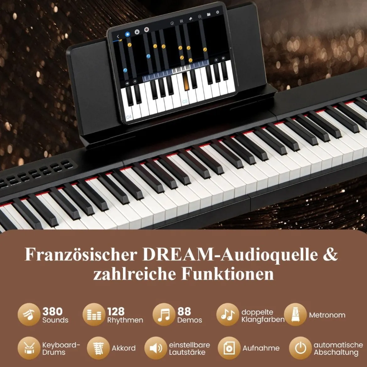 88 Tasten Digitales Klavier tragbares Vollformat Elektrisches Keyboard Schwarz/Hellbraun/Weiß