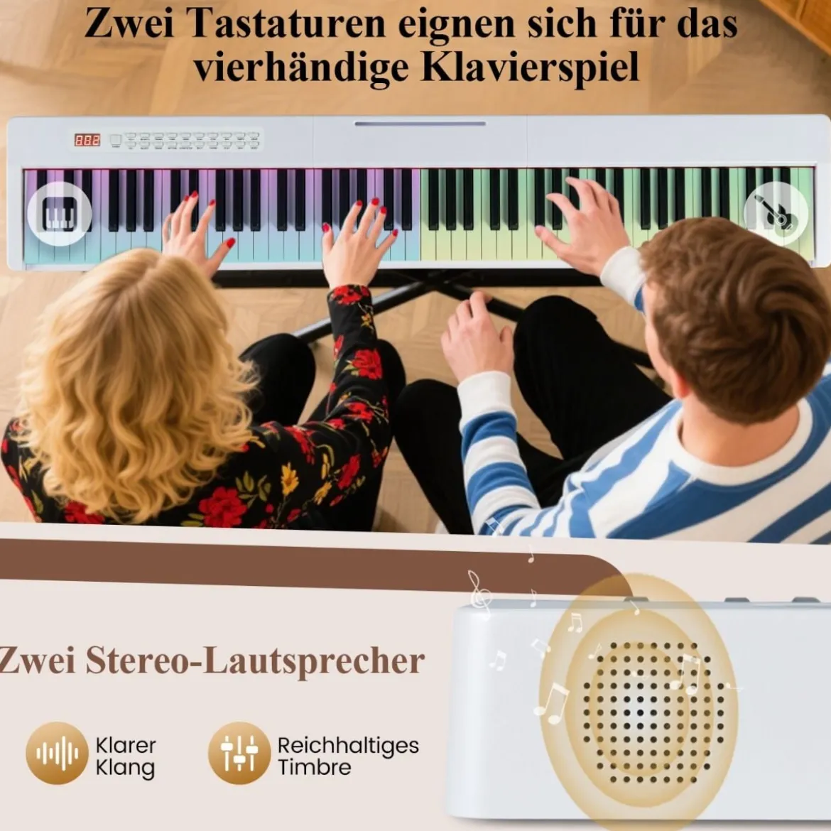 88 Tasten Digitales Klavier tragbares Vollformat Elektrisches Keyboard Schwarz/Hellbraun/Weiß