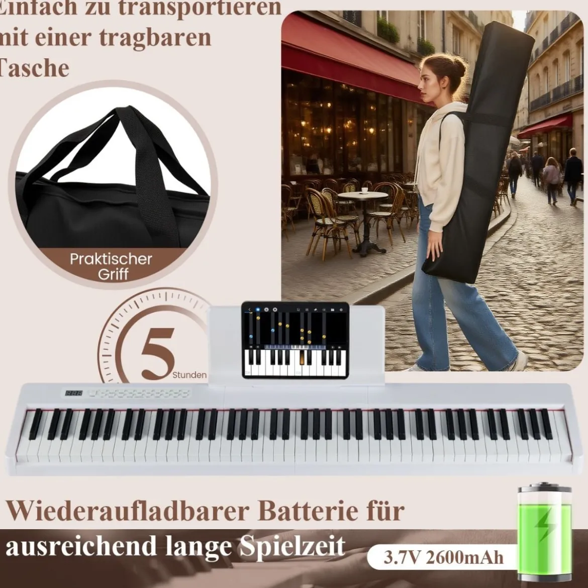 88 Tasten Digitales Klavier tragbares Vollformat Elektrisches Keyboard Schwarz/Hellbraun/Weiß