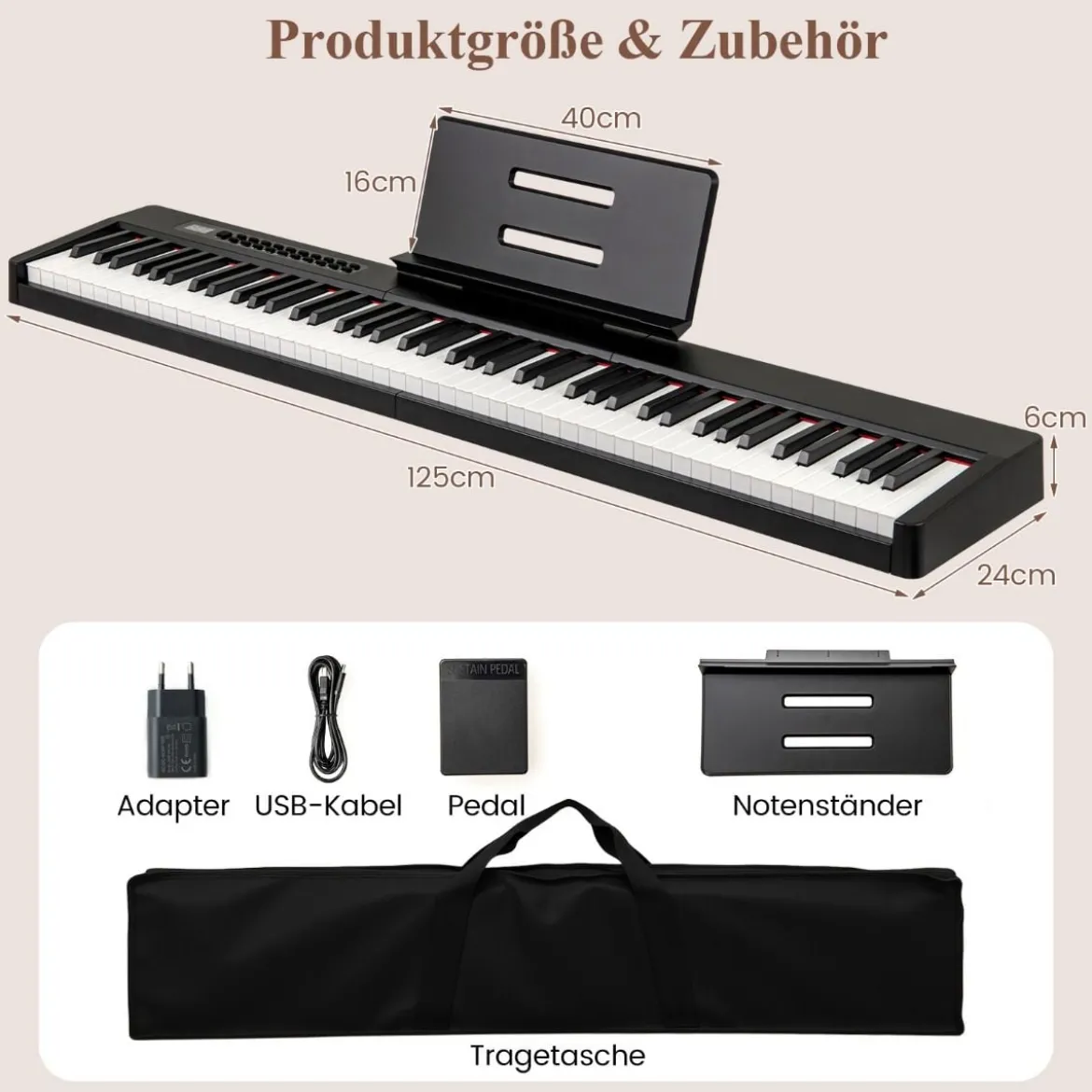 88 Tasten Digitales Klavier tragbares Vollformat Elektrisches Keyboard Schwarz/Hellbraun/Weiß
