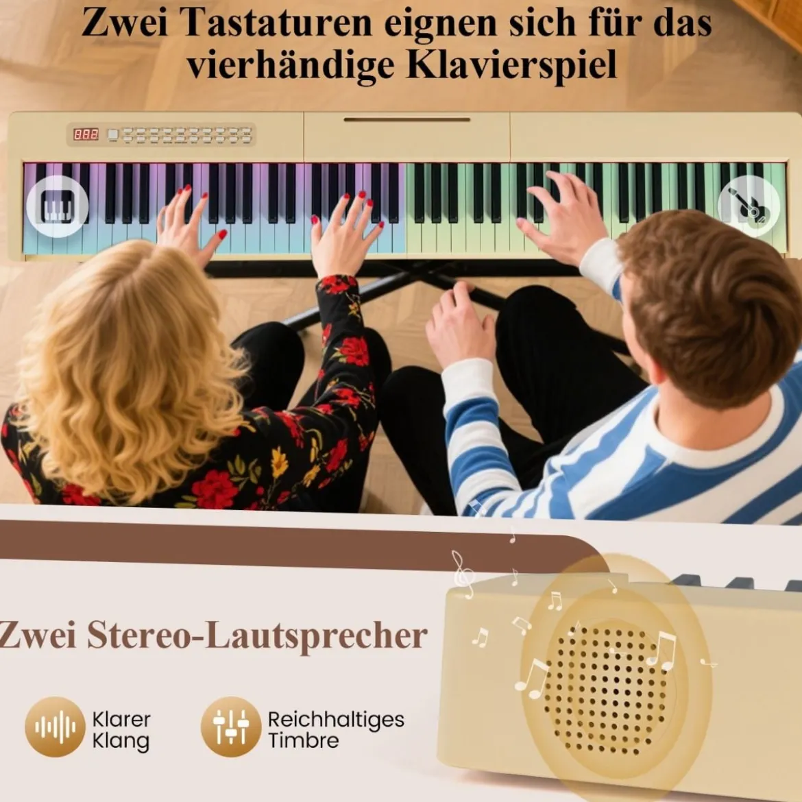 88 Tasten Digitales Klavier tragbares Vollformat Elektrisches Keyboard Schwarz/Hellbraun/Weiß